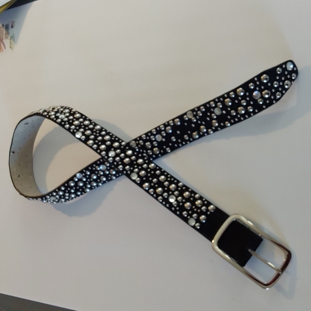 Womens Black Leather Silver Studded & Crystals Stunning Belt Silver Buckle Sz.L - Picture 3 of 6